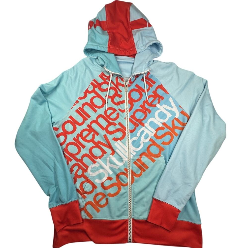 Skullcandy Full Zip Hoodie Light Blue Orange All Over Print Size L